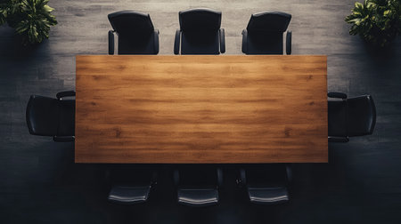 A clean and organized overhead view of a vacant conference table, surrounded by chairs in a professional boardroom settingの素材