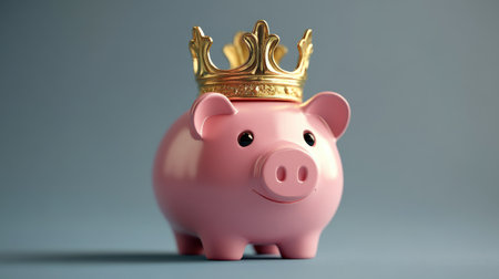 A piggy bank money box proudly wearing a gold crown, embodying the idea of wealth accumulation and financial success.の素材