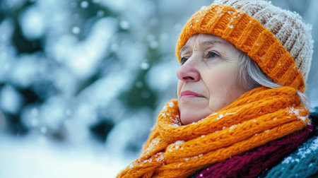 A senior person bundled up in a scarf and hat during winter, contemplating the rising cost of living and heating bills.の素材
