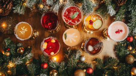 Aerial view of Christmas cocktails on a bar, with festive decorations and garnishes, perfect for a holiday gathering.の素材