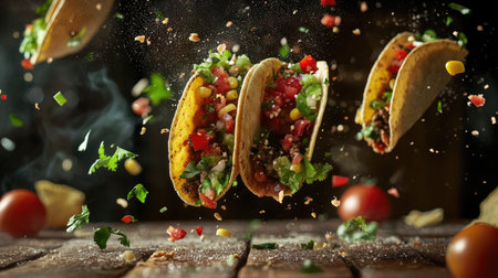 Exploding tacos with fresh, colorful fillings suspended in mid-air, creating a dynamic and appetizing Mexican food visual.の素材