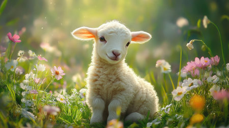 An adorable baby lamb in a lush field of blooming spring flowers, showcasing the tender and playful side of nature.の素材