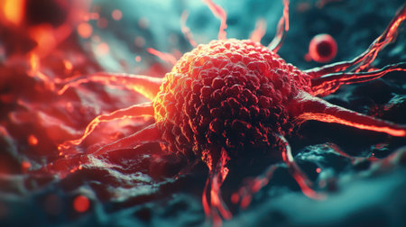Macro view of a cancerous cell under the microscope, highlighting its abnormal structure and the threat it poses to human health.の素材