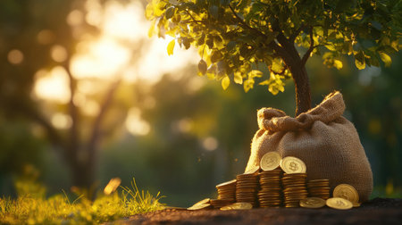 Stacked gold coins and a money bag with a growing tree, bathed in morning sunlight, symbolizing investment and saving in a park setting.の素材