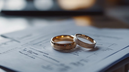 Close-up of wedding rings lying on divorce documents, representing the legal and emotional complexities of separationの素材