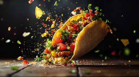 Exploding tacos with fresh, colorful fillings suspended in mid-air, creating a dynamic and appetizing Mexican food visual.の素材