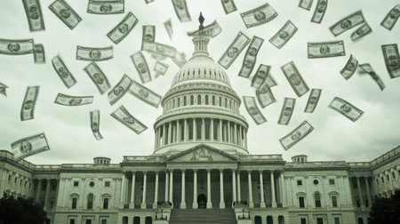 An image of the U.S. Capitol with dollar bills raining down, illustrating the concept of political finance and the role of money in governanceの素材