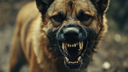 An intimidating dog snarls at the camera, revealing its sharp teeth, displaying a fierce and aggressive demeanor.の素材