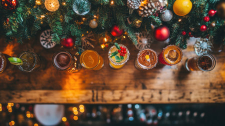 Overhead shot of a bar filled with holiday cocktails, showcasing the vibrant and festive spirit of Christmas.の素材
