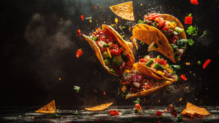 Exploding tacos with fresh, colorful fillings suspended in mid-air, creating a dynamic and appetizing Mexican food visual.の素材