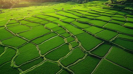 High-angle view of vibrant green rice paddies in Asia, showcasing the beauty of terraced fields under a clear sky, perfect for travel inspiration.の素材