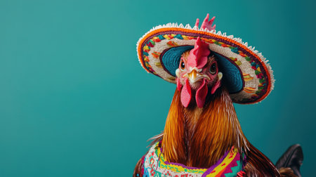 Studio shot of a cute chicken cockerel dressed in a colorful Mexican sombrero hat and traditional clothing, full of characterの素材