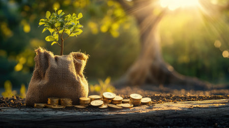Gold coins and a money bag placed on wood, with a growing tree in the background, representing saving money and business investments in morning light.の素材