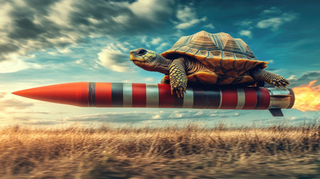Accelerated progress: A turtle or snail riding a missile, illustrating the idea of boosting slow progress with rapid acceleration for faster results.の素材