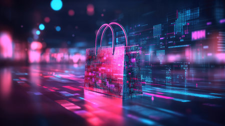 Data and shopping: A virtual shopping bag at the end of a data stream, illustrating the integration of data analysis and consumer shopping in the digital age.の素材