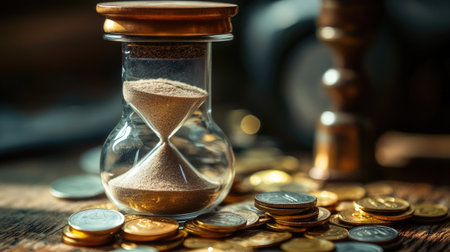 Sand clocks and coins placed together on a table, symbolizing the relationship between time and money in a business contextの素材