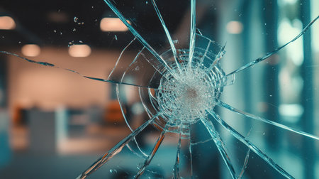 Office vandalism scene: Close-up of shattered glass from a broken window in an office, illustrating the impact of an accident or vandalismの素材