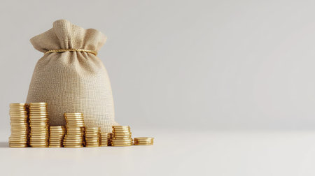 3D rendering of a money bag and a stack of gold coins on a white background, with ample copy space for financial or investment themes.の素材