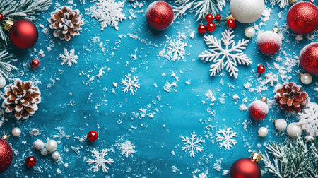 A winter scene with snowflakes on a vibrant blue background, complete with holiday decorations and softly drifting snowflakes.の素材