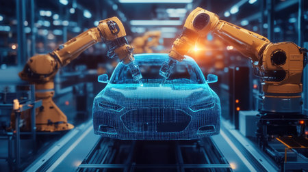 Automotive AI technology: Robots using AI and machine learning to streamline car assembly processes, representing technological advancements in the automotive industry.の素材
