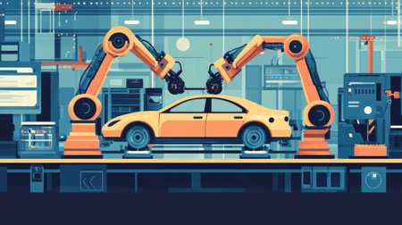 Machine learning in car plants: Robotic hands working on car assembly, demonstrating the impact of AI and machine learning on the automotive manufacturing process. -の素材