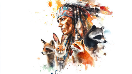 Charming watercolor of an American Indian character with a rabbit, fox, raccoon, and bear, all set against a clean white background.の素材