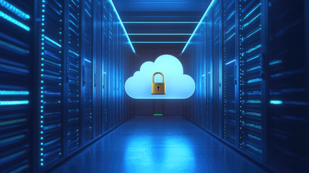 Secure cloud storage concept with a white cloud and gold lock, illuminated by blue lights in a data center setting.の素材