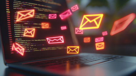 Geometric envelope icons on a minimalist laptop screen, showcasing an organized email list for efficient digital management.の素材