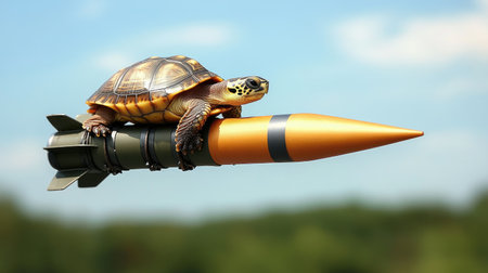 Slow meets fast: A turtle riding on a missile, symbolizing the concept of acceleration and the juxtaposition of slow and fast in achieving goals or progress.の素材