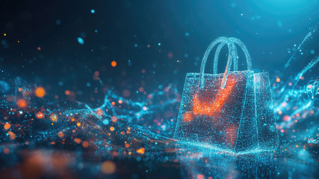 Data-driven shopping: A digital landscape where streams of data flow into a virtual shopping bag, symbolizing the integration of online shopping and data technology.の素材