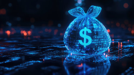 AI in finance: A blue moneybag with a dollar symbol, enhanced by binary code, symbolizing AI's role in modern financial management and personalized planning.の素材