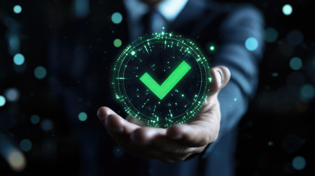 Digital hologram of a green compliance tick symbol held by a businessman, illustrating success in certification or audit.の素材