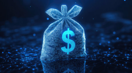 Smart financial planning: A digital representation of a moneybag with a dollar icon, showcasing AI's capabilities in managing financial portfolios and detecting fraud.の素材