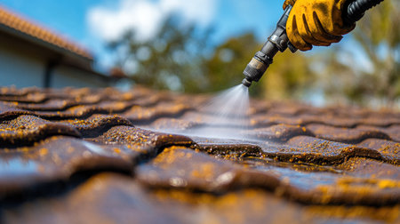 Roof maintenance with pressure washer: High-pressure cleaner used to remove grime from a roof, showcasing efficient and thorough cleaning techniques for lasting results.の素材