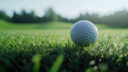 A close-up of a golf ball about to be struck on a tee, with focus on the texture of the ball and grassの素材