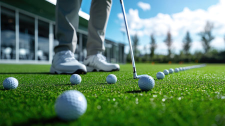 A golfer taking a practice swing on the driving range with a line of golf balls ready for useの素材