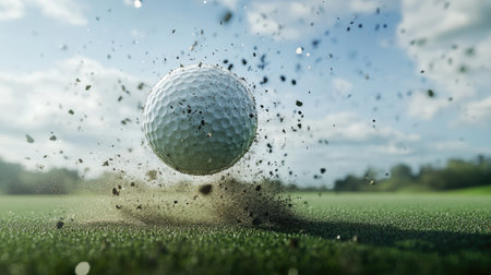 A golf ball mid-air after being struck, with the fairway and green in the background, symbolizing precision and power.の素材
