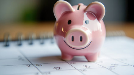 A piggy bank placed on top of a calendar, illustrating monthly savings goals and financial planning.の素材