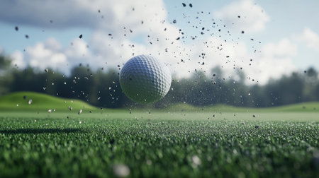 A golf ball mid-air after being struck, with the fairway and green in the background, symbolizing precision and power.の素材