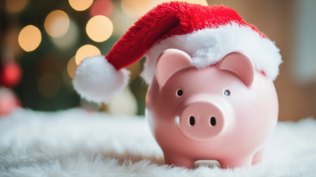 A pink piggy bank with a festive Santa hat, representing holiday savings and Christmas budgeting.の素材