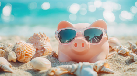 Pink piggy bank wearing sunglasses, lying on a sandy beach with seashells. Represents vacation savings and summer budgeting.の素材