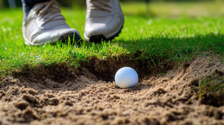 A golf ball resting in a sand bunker, with a golfer approaching with a sand wedge to make the shot.の素材