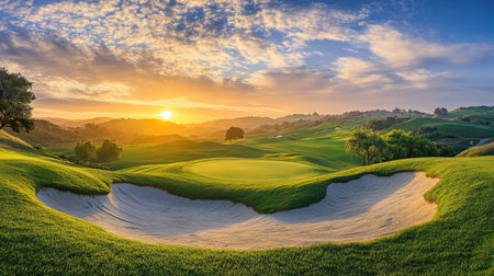 A panoramic view of a beautiful golf course with rolling hills and sand bunkers under a vibrant sunset.の素材