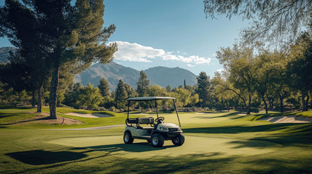 A golf cart parked near a tee box on a sunny day, ready for a round of golf in a picturesque setting.の素材