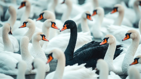 A black swan among white swans, showcasing the idea of unique leadership and individuality in a group setting.の素材