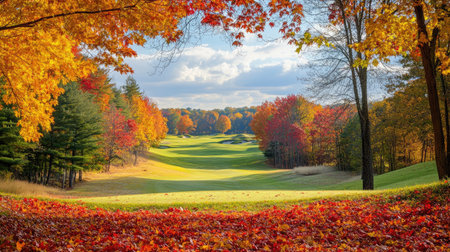 A scenic view of a golf course surrounded by autumn trees with colorful leaves, capturing the beauty of fall.の素材