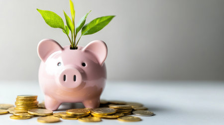 Pink piggy bank with a healthy plant growing from its coin slot, surrounded by scattered gold coins. Isolated on a plain white background, emphasizing sustainable investments. Copy space.の素材