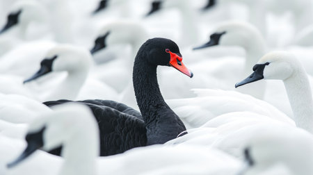 A black swan in a crowd of white swans, symbolizing the strength of being different and standing out as a leader.の素材