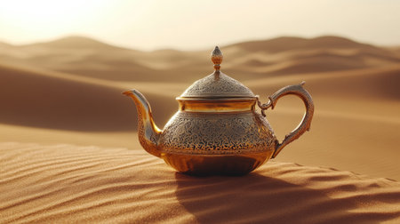 A golden teapot lying on desert sand, surrounded by dunes, symbolizing the timeless beauty and mystique of the Orient.の素材