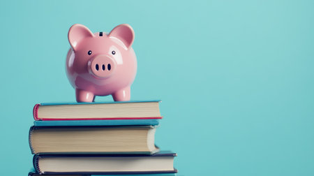 Pink piggy bank standing on a stack of books, representing education savings. Isolated on a blue background with ample copy space.の素材